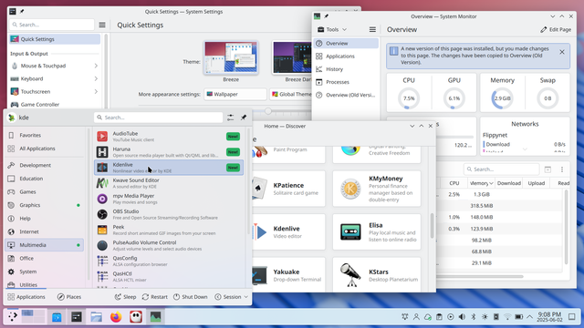 A general view of Plasma 6.4 with several applications open, as well as the launch menu. The launch menu shows you which new apps you have installed with a "New" flair.