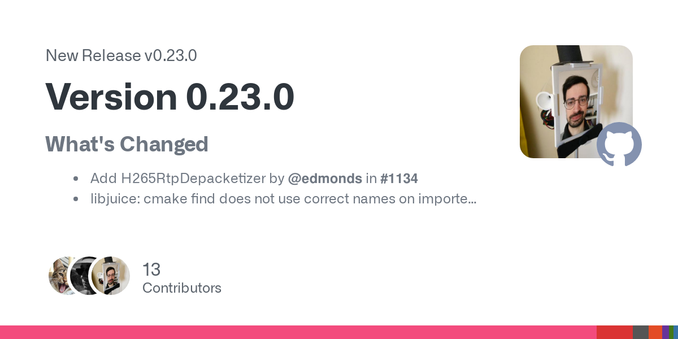 What's Changed

Add H265RtpDepacketizer by @edmonds in #1134
libjuice: cmake find does not use correct names on imported target by @metalMajor in #1297
typo fix: SHA-384 by @ArtemMartus in #1315
Ad...